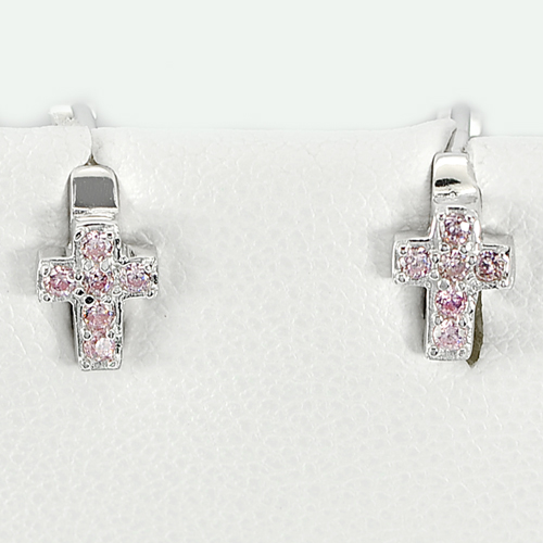2.00 G. Cross Pink CZ Round Shape Real 925 Sterling Silver Earrings Jewelry
