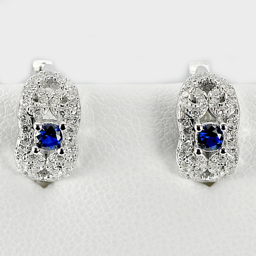 3.40 G. Round Sape Blue CZ Real 925 Sterling Silver Earrings Jewelry 9 x 7 Mm.