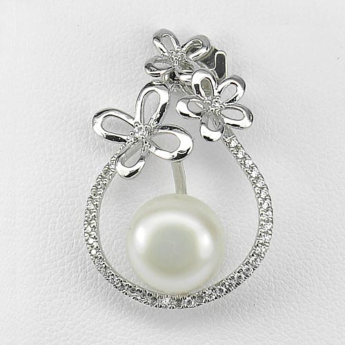 925 Sterling Silver Pendant Jewelry with Natural White Pearl and CZ 3.55 G.