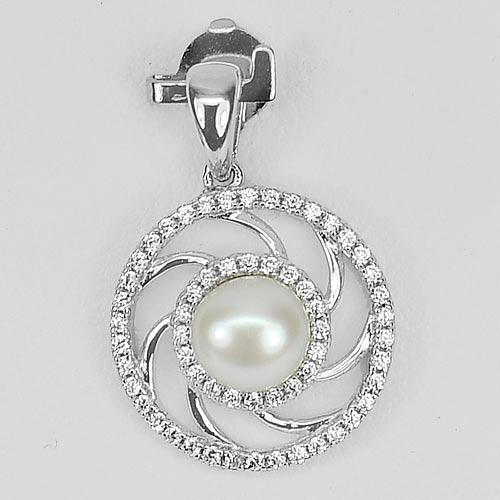 1.69 G. Real 925 Sterling Silver Pendant Natural White Pearl with CZ White Round