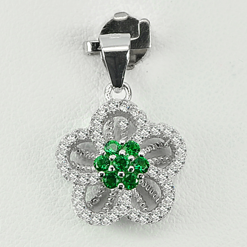 1.50 G. Flower Design with Green CZ Real 925 Sterling Silver Jewelry Pendant
