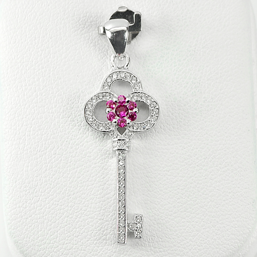 1.80 G. Good Key And Flower Design Pink CZ Real 925 Sterling Silver Pendant