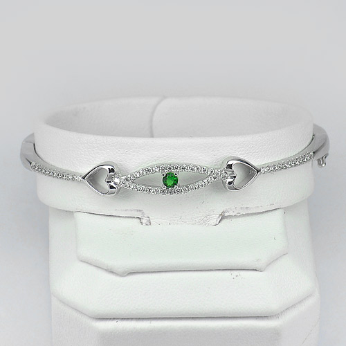 7.77 G. Real 925 Sterling Silver White Gold Plated Bangle with Green Cz