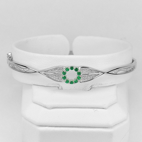 8.13 G. Real 925 Sterling Silver Jewelry Bangle with Round Green and White CZ