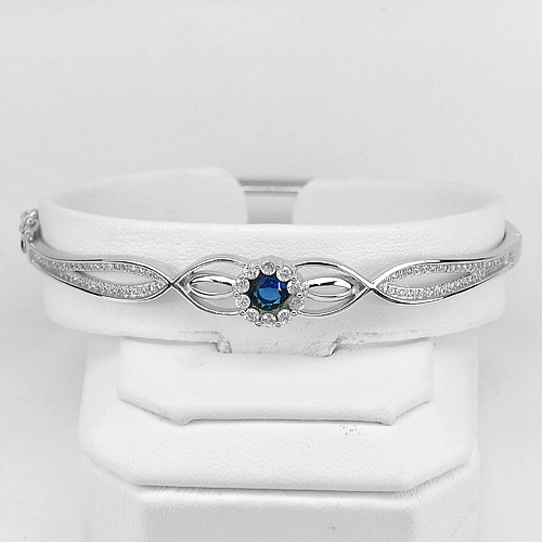 CZ Round Blue 5 mm. Real 925 Sterling Silver Jewelry Bangle Diameter 60 mm.