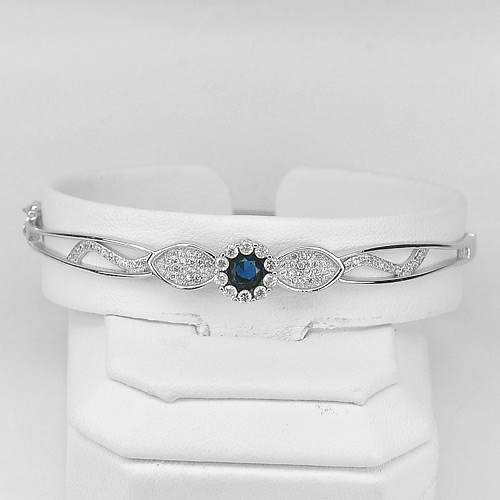 8.91 G. Blue Round CZ Real 925 Sterling Silver Jewelry Bangle Diameter 61 mm.