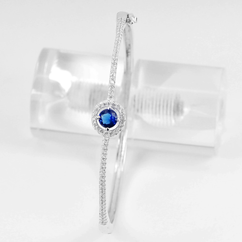 10.00 G. Real 925 Sterling Silver Bangle Diameter 55 Mm. Round Blue CZ
