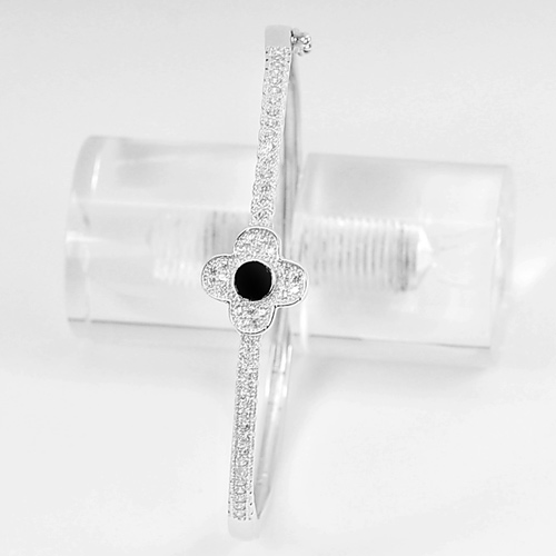 Real 925 Sterling Silver Black Enamel Flower Jewelry Bangle Diameter 55 mm.