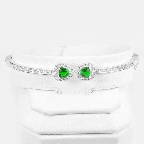 Real 925 Sterling Silver Jewelry Bangle Diameter 55 mm. Pair Heart Green CZ