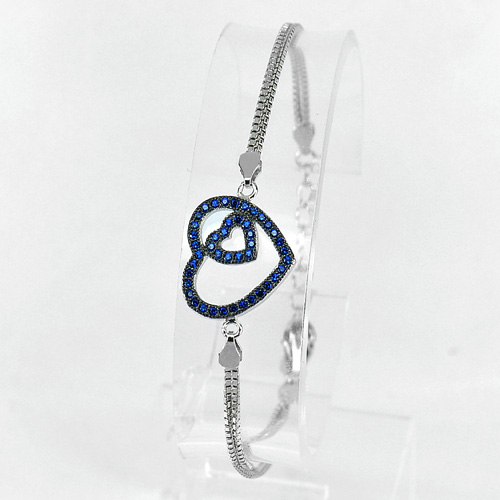 4.22 G . Good CZ Blue Hearts Design Jewelry 925 Silver Sterling Bracelet 7 Inch.