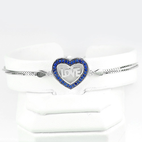 4.53 G. Love in Heart Design CZ Blue Real 925 Silver Sterling Bracelet 6.5 Inch.