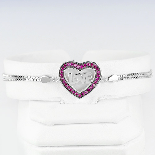 4.55 G. CZ Pink LOVE in Heart Design Real 925 Silver Sterling Bracelet 6.5 Inch.