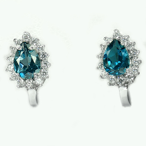 3.26 G. Natural London Blue Topaz with CZ Real 925 Sterling Silver Earrings