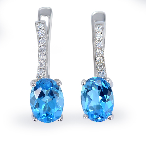 3.59 G. Natual Gems Swiss Blue Topaz with Cz Real 925 Sterling Silver Earrings