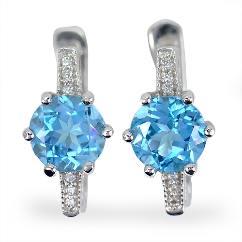 4.05 G. Round Natural Swiss Blue Topaz with Cz Real 925 Sterling Silver Earrings
