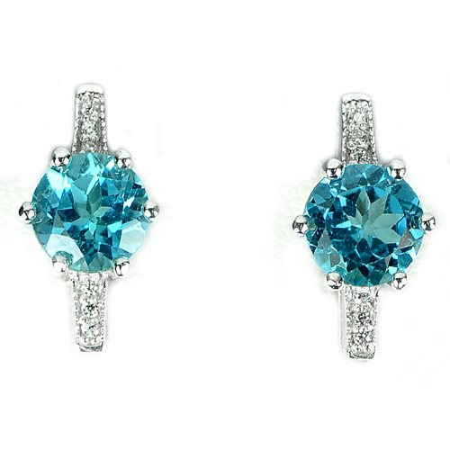 4.12 G. Round Natural Gems Swiss Blue Topaz Real 925 Sterling Silver Earrings