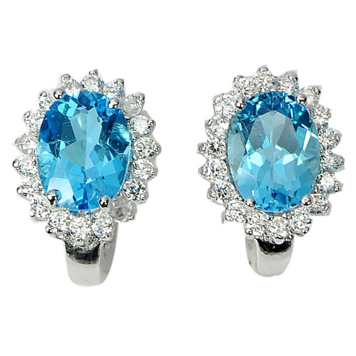 3.97 G. Charming Natural Gems Swiss Blue Topaz Real 925 Sterling Silver Earrings