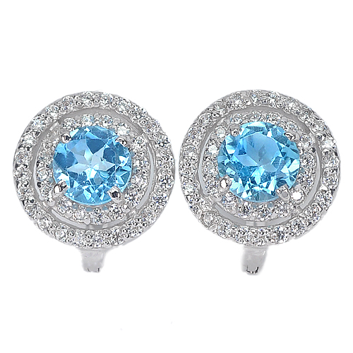 4.12 G. Natural Gem Swiss Blue Topaz with Cz Real 925 Sterling Silver Earrings