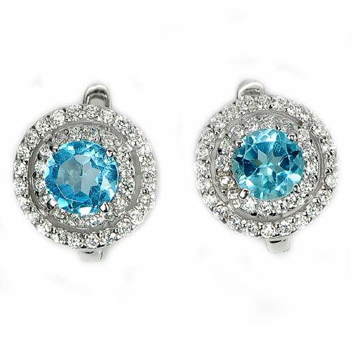 4.13 G. Round Natural Gems Swiss Blue Topaz Real 925 Sterling Silver Earrings