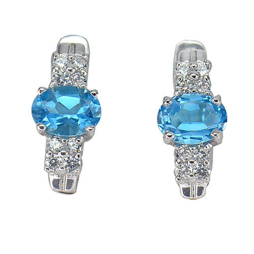 3.64 G. Natural Gems Swiss Blue Topaz with Cz Real 925 Sterling Silver Earrings