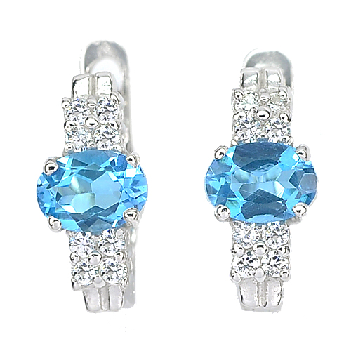 3.75 G. Beautiful Natural Swiss Blue Topaz Real 925 Sterling Silver Earrings