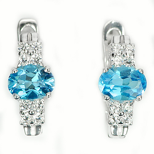 3.67 G. Oval Natural Gems Swiss Blue Topaz Real 925 Sterling Silver Earrings