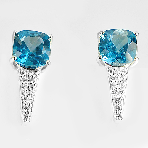 3.90 G. Natural London Blue Topaz Gems Real 925 Sterling Silver Earrings