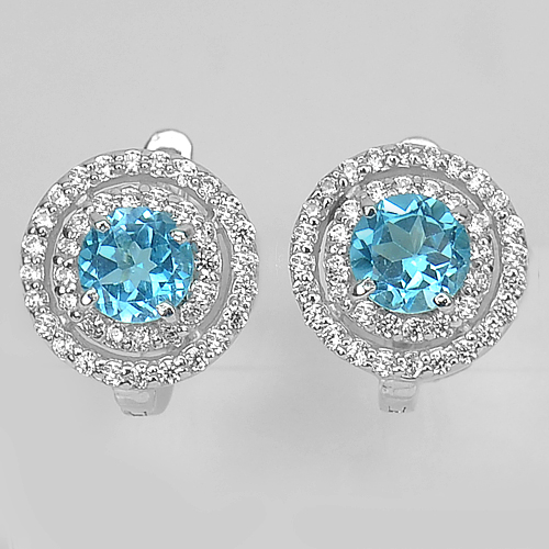 4.04 G. Natural Gems Swiss Blue Topaz and CZ Real 925 Sterling Silver Earrings