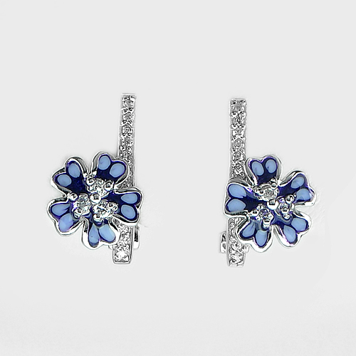 3.63 G. Nice Flower Enamel and Round White CZ Real 925 Sterling Silver Earrings