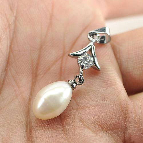 1.81 G. Fancy Cabochon Natural White Pearl Rhodium Silver Plated Pendant