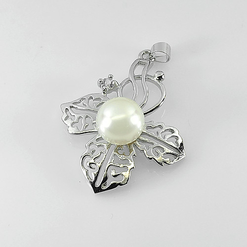 5.01 G. Round Cabochon Natural White Pearl Rhodium Silver Plated Pendant