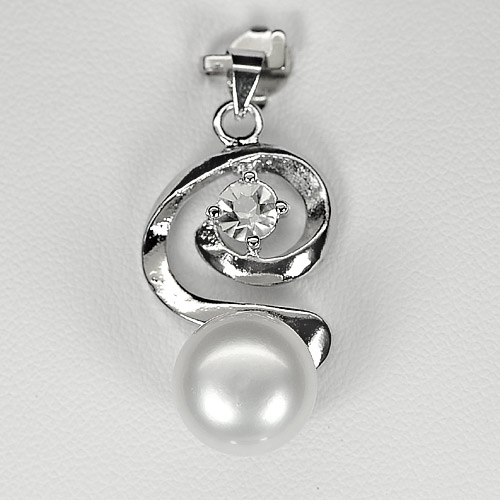 3.78 G. Natural White Pearl Rhodium Silver Plated Pendant Round Cabochon