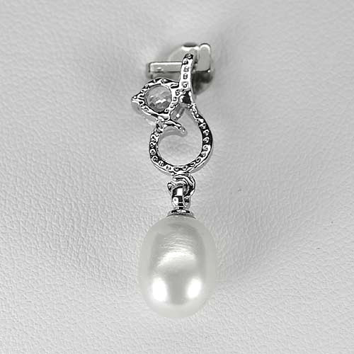 1.97 G. Fancy Cabochon Natural White Pearl Rhodium Silver Plated Pendant