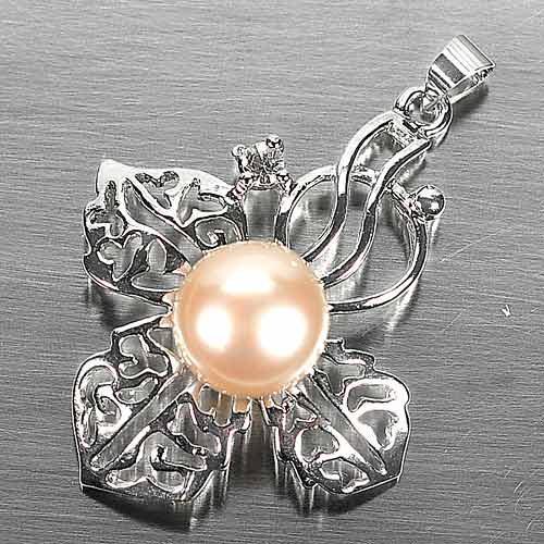4.76 G. Round Cabochon Natural Peach Pearl Rhodium Silver Plated Pendent