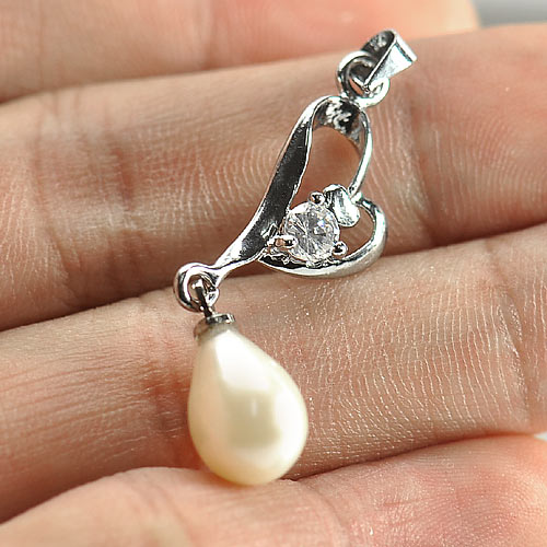 1.90 G. Fancy Cabochon Natural White Pearl Rhodium Silver Plated Pendant