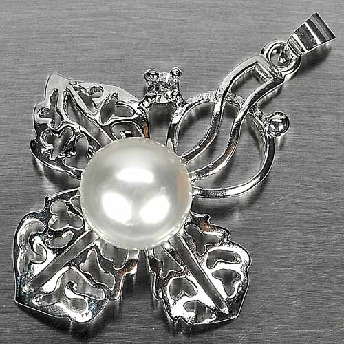 5.03 G. Natural White Pearl Rhodium Silver Plated Pendent Round Cabochon