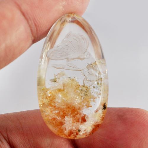 75.00 Ct. Carving Butterfly Natural Inner Moss Pear Cabochon Brown White Quartz