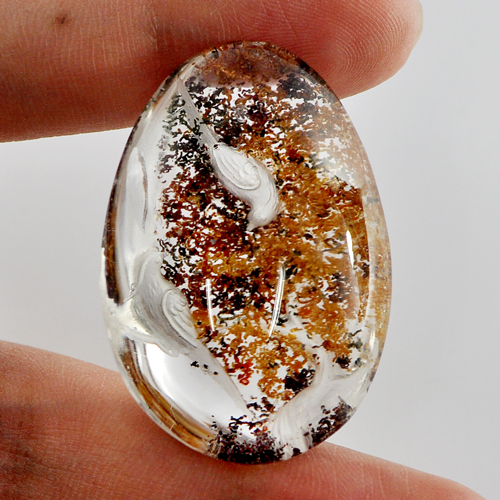 75.00 Ct. Carving Birds Natural Inner Moss Pear Cabochon Brown White Quartz