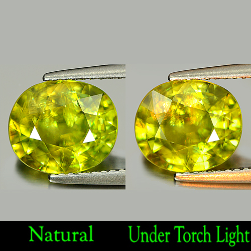 Intense Yellowish Green Titanium Sphene With Rainbow Spark 3.28 Ct. Oval Natural