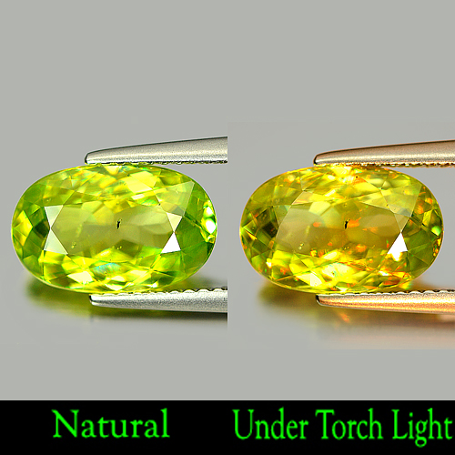 Intense Yellowish Green Titanium Sphene With Rainbow Spark 3.36 Ct. Oval Natural