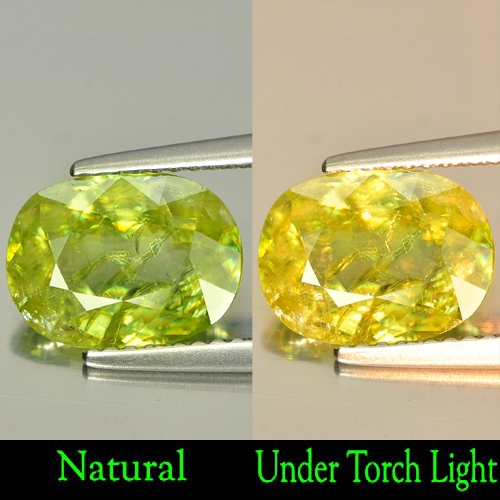 Intense Yellowish Green Titanium Sphene With Rainbow Spark 2.57 Ct. Oval Shape
