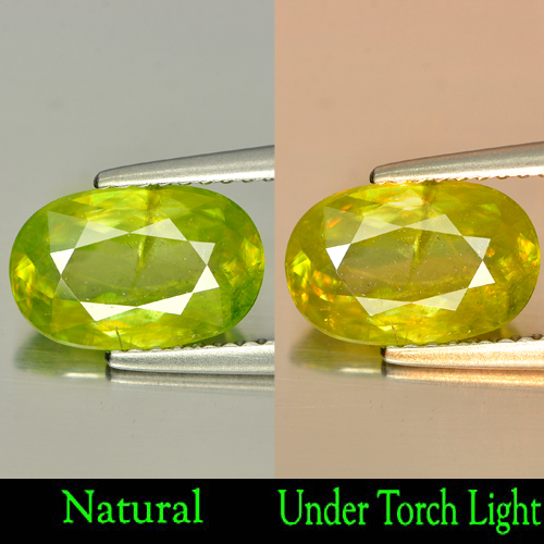 Intense Yellowish Green Titanium Sphene With Rainbow Spark 2.07 Ct. Oval Natural