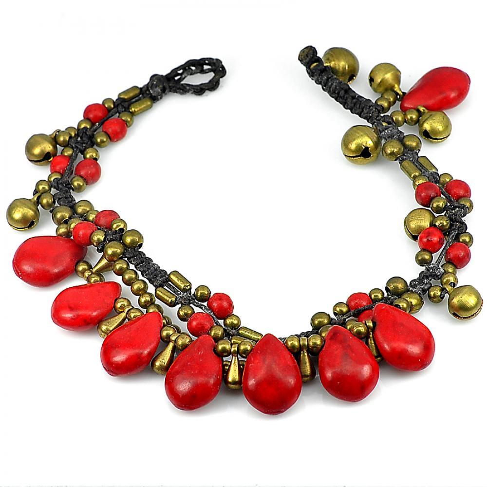 18.60 G. Handmade Red Agate Bell Brass Jingling Bracelet 8 Inch. Fashion Jewelry