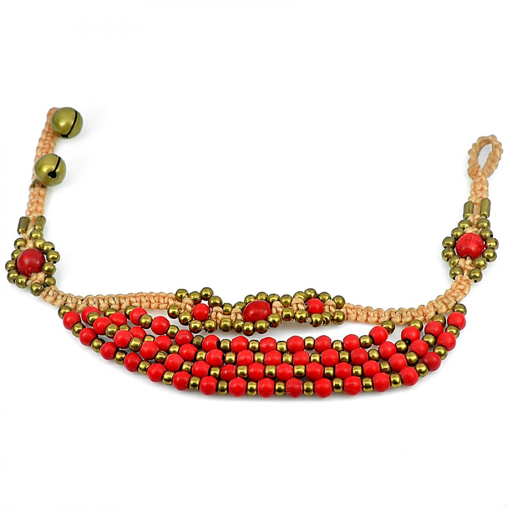 11.87 G. Handmade Red Agate Bell Brass Jingling Bracelet 8 Inch. Fashion Jewelry