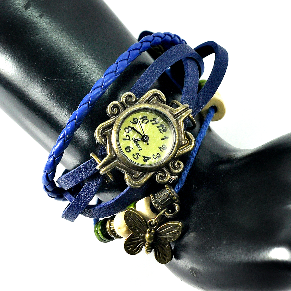 20 G. Butterfly Leather Bracelet Woman Quartz Wrap Retro Wrist Watch Color Blue