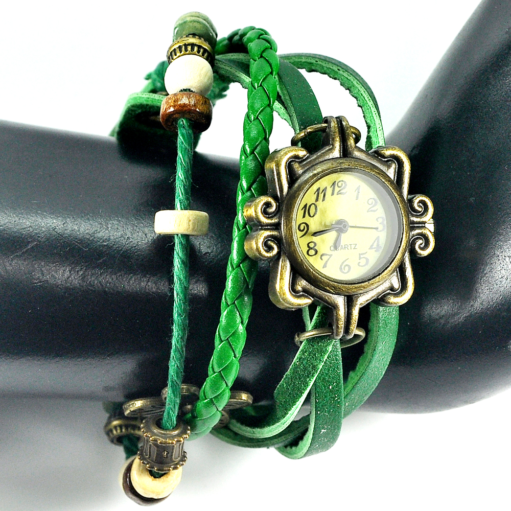 20 G. Women Vintage Fashion Butterfly Bracelet Faux Leather Wrist Watch Green