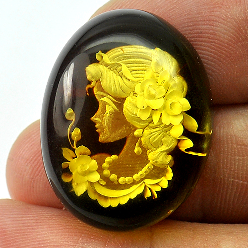 Brown Yellow Amber Carving 15.43 Ct. Oval Cabochon 25 x 20 Mm. Natural Poland
