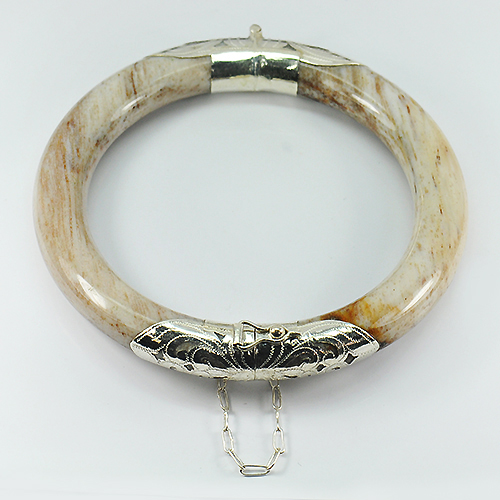 240.95 Ct. Natural Petrified Wood Unique Pattern Bangle with Silver Fine Jewelry