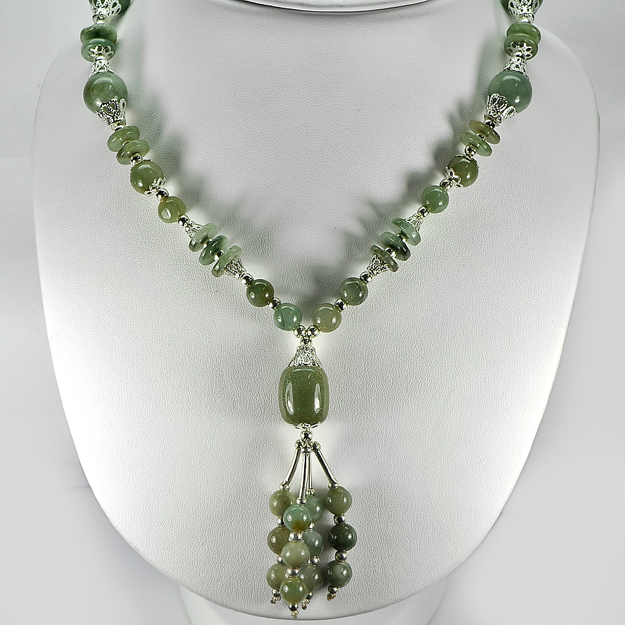 454.54 Ct. Beautiful Natural Green Jade Bead Nickel Necklace Length 16 Inch.