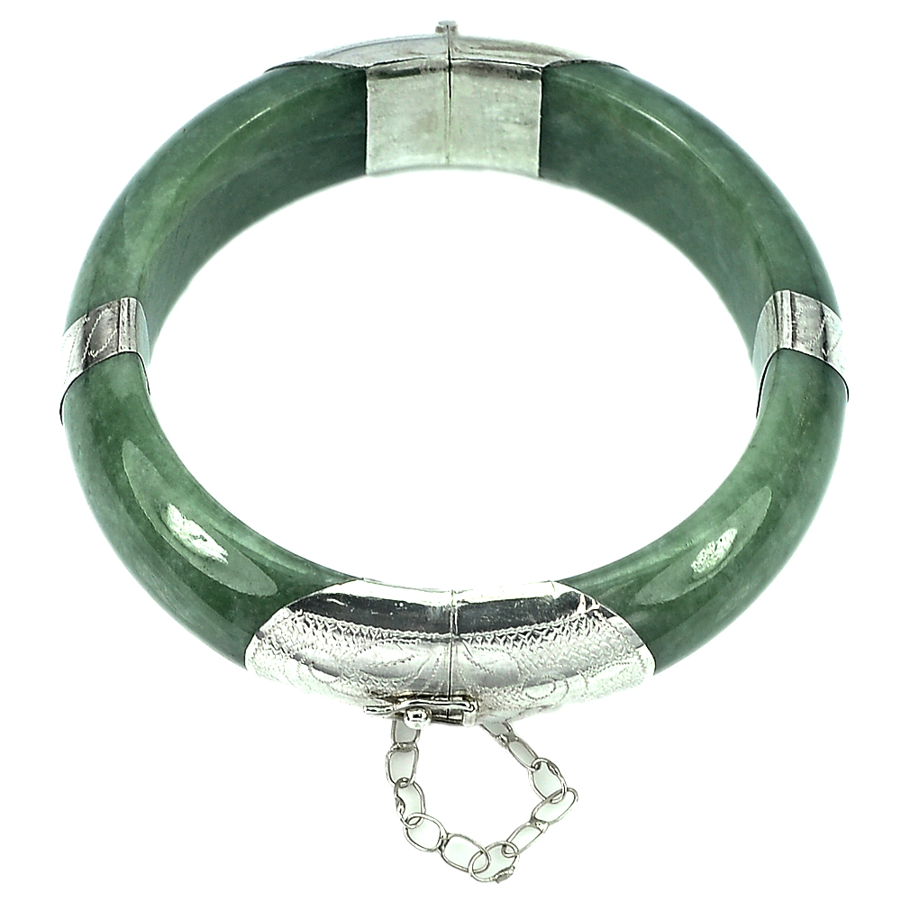 Green Jade Bangle with Real Silver Diameter 56 Mm. 344.34 Ct. Natural Unheated